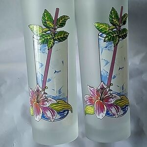 Set of 2 Frosted Caribbean theme Mojito Recipe tall Glasses